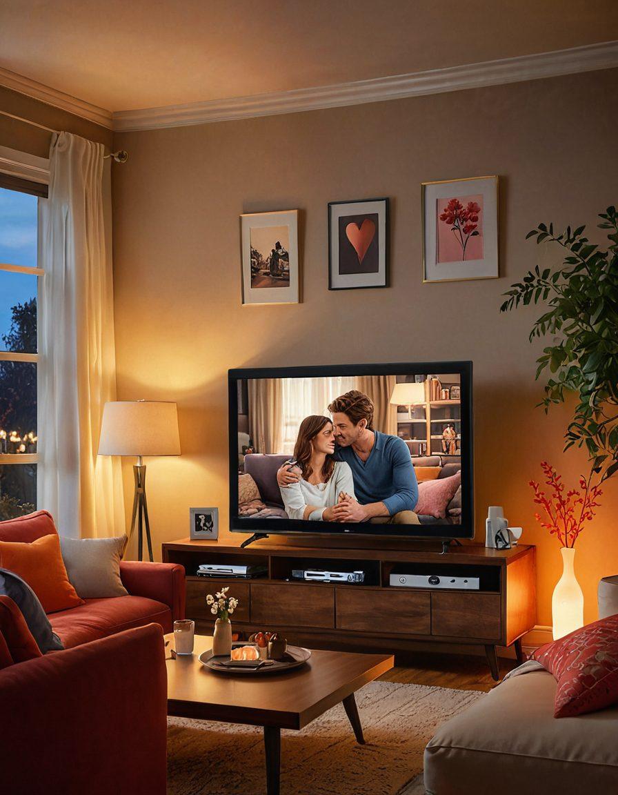 A cozy living room with a large TV displaying romantic scenes from various love-themed TV shows, surrounded by warm ambient lighting, plush cushions, and a couple snuggling on the couch. Incorporate heart motifs subtly in the decor. The TV screen should show a mix of classic and modern love stories. super-realistic. vibrant colors. cozy and intimate setting.