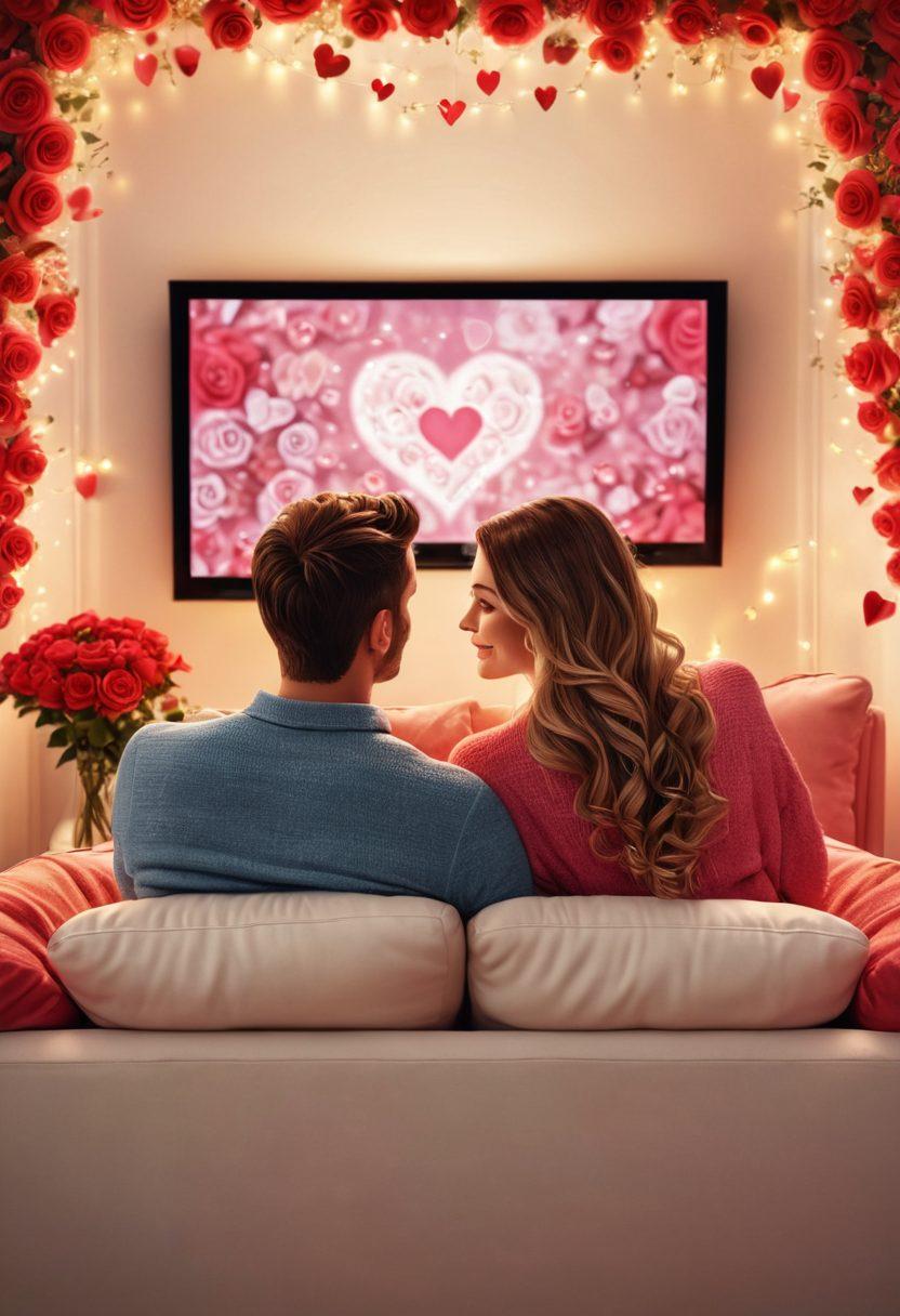 A romantic couple sitting on a cozy couch, surrounded by soft, warm lighting, watching a big screen TV that showcases various love stories. The background should feature gently swirling hearts and roses. super-realistic. vibrant colors. white background.