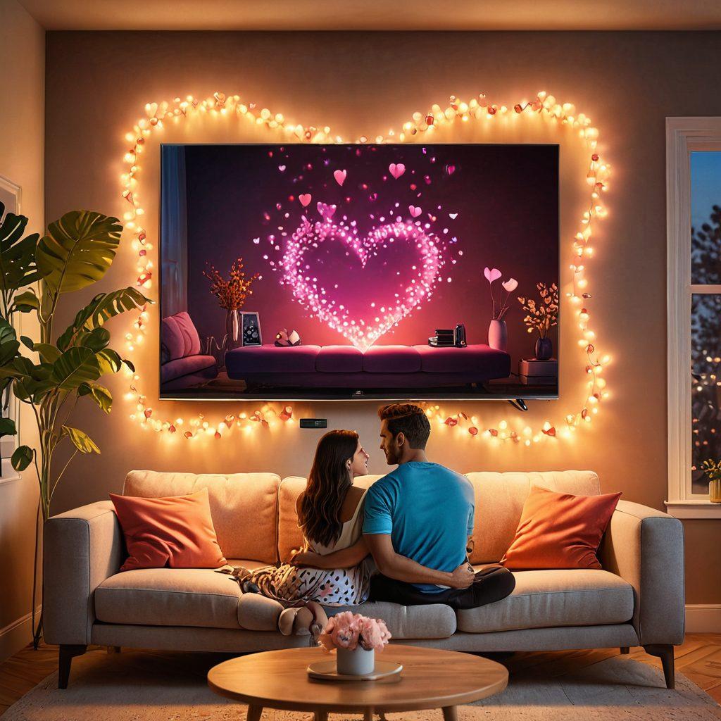 A cozy living room with a large, glowing TV screen displaying a montage of romantic moments from various TV shows; a couple snuggled up on a couch with hearts gently floating around them. Include soft, warm lighting to enhance the intimate ambiance. painting. vibrant colors. whimsical style.